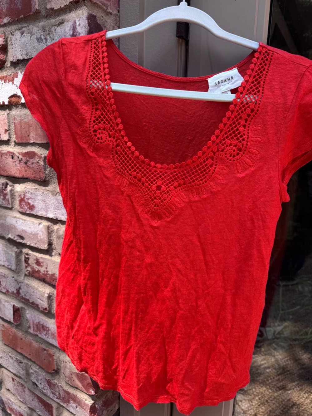 Sezane Red Crochet-Trim Short Sleeve Tee